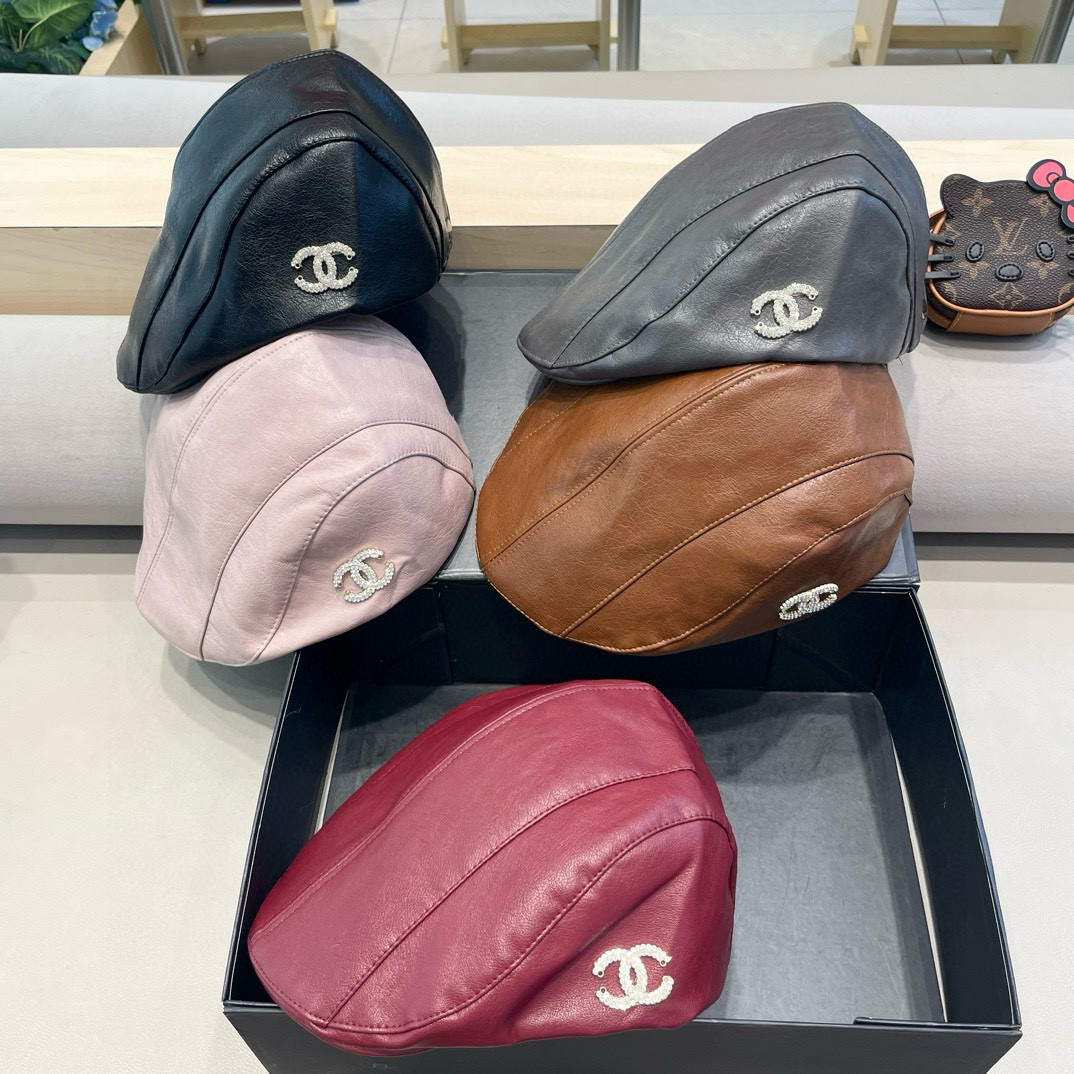  Chanel小香风Pu皮前进帽女秋季新款英伦报童帽复古百搭贝雷帽显脸小