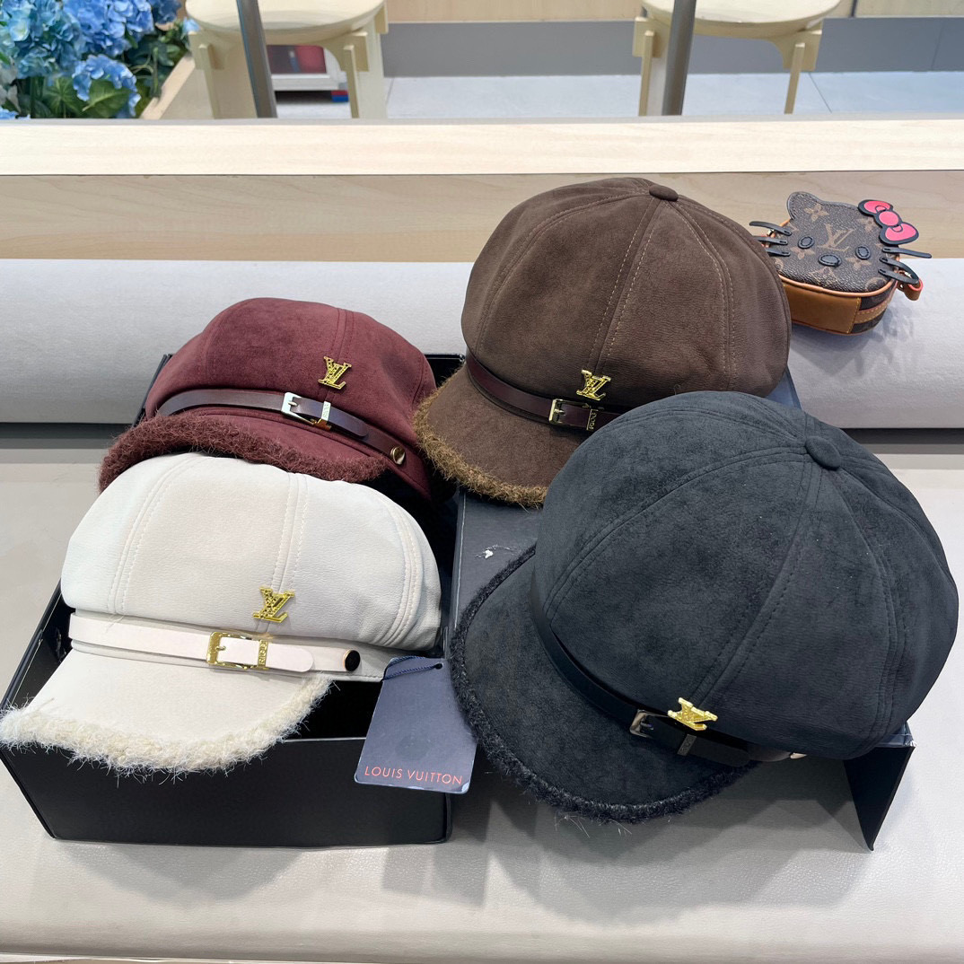  lv路易威登2024年冬季新款韩版简约百搭小皮扣八角帽子女加厚加绒保暖画家帽