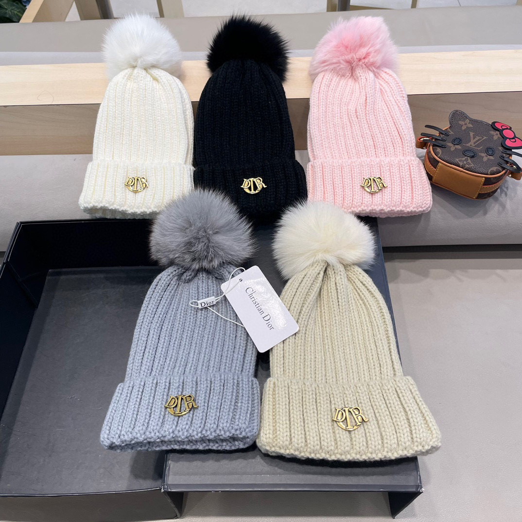 moncler针织帽秋冬新款帽子女士毛线帽仿狐狸毛球球帽假毛球加厚保暖帽子