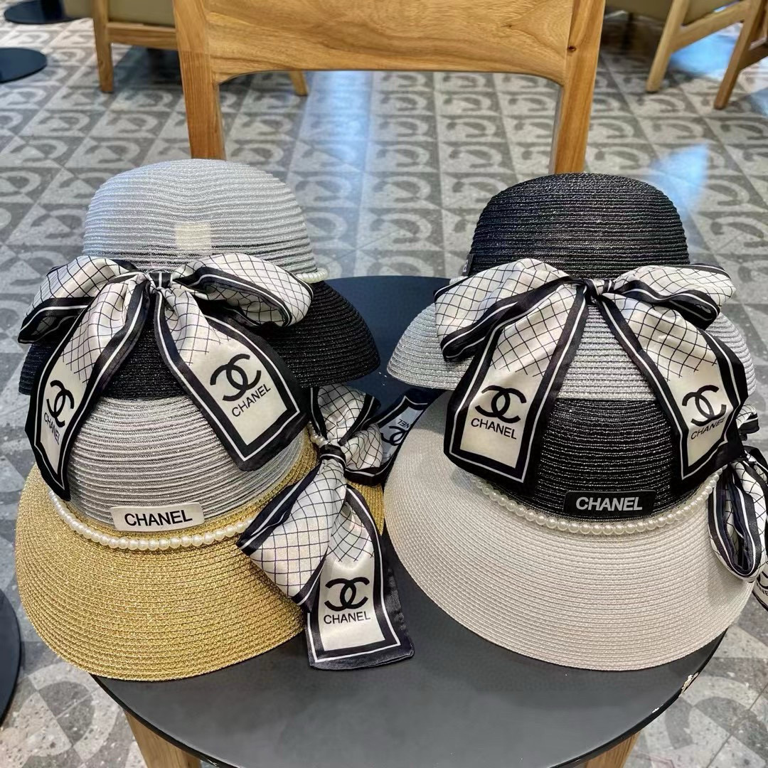  Chanel香奈儿名媛风草帽，进口PP草，搭配欧根纱蝴蝶结，头围57cm