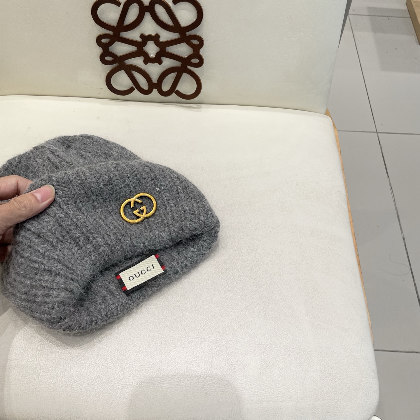  gucci古奇兔毛毛线帽女秋冬韩国大头围黑色帽子日系显脸小针织线帽宽松冷帽