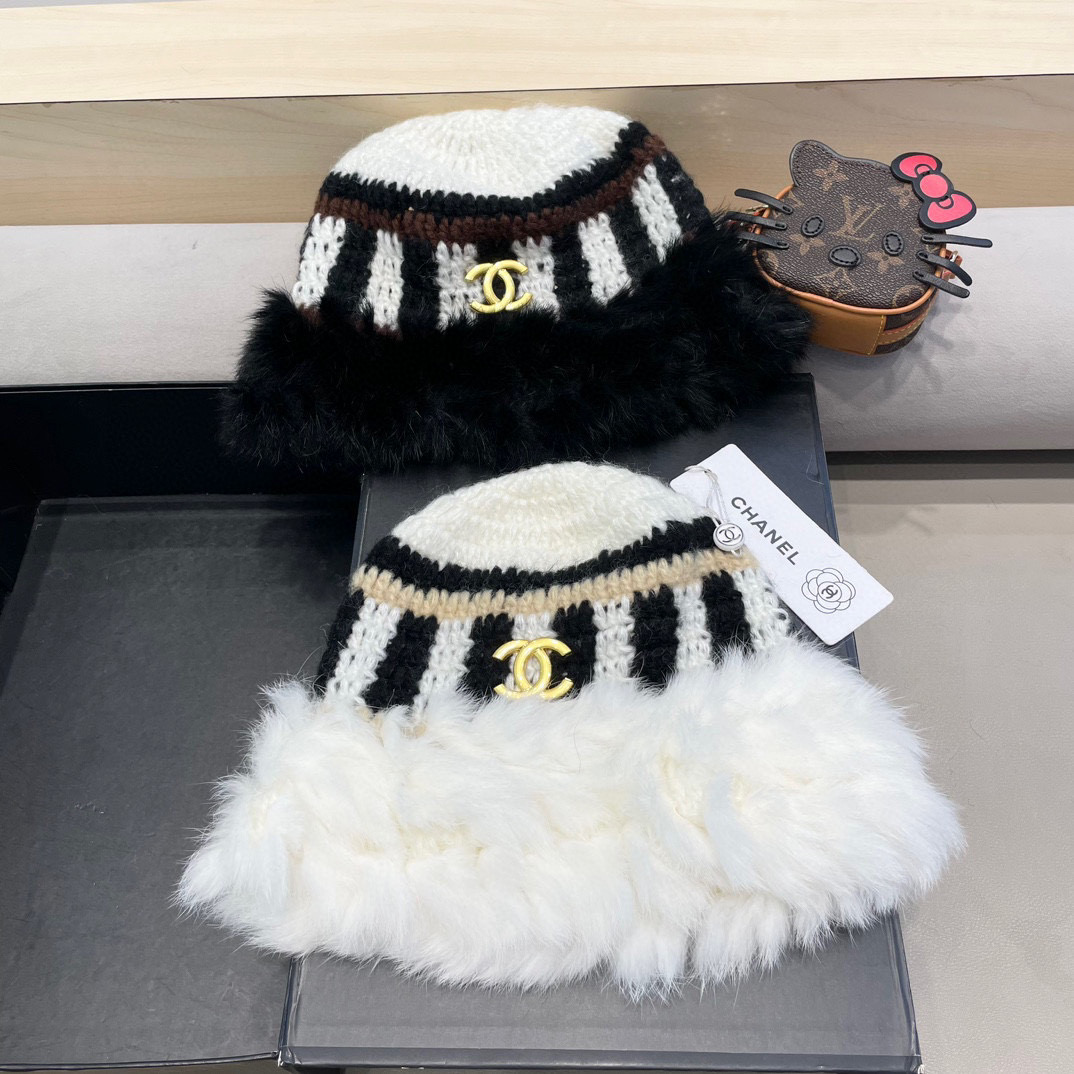   Chanel 兔毛边帽子女新款毛绒绒线帽秋冬保暖韩版百搭可爱休闲渔夫帽盆帽
