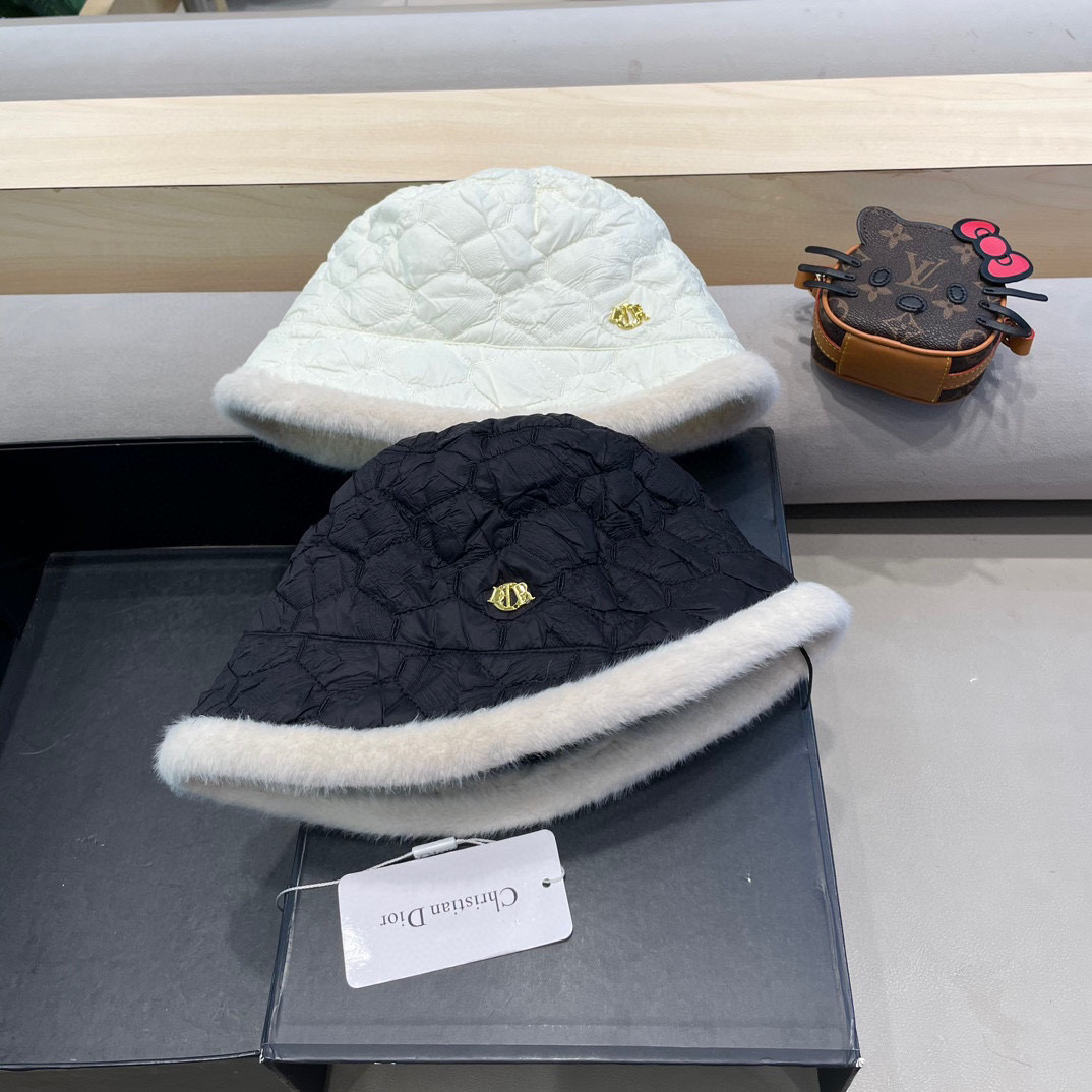  DIOR迪奥渔夫帽女冬季加厚羽绒棉帽时尚毛边休闲百搭防寒保暖盆帽