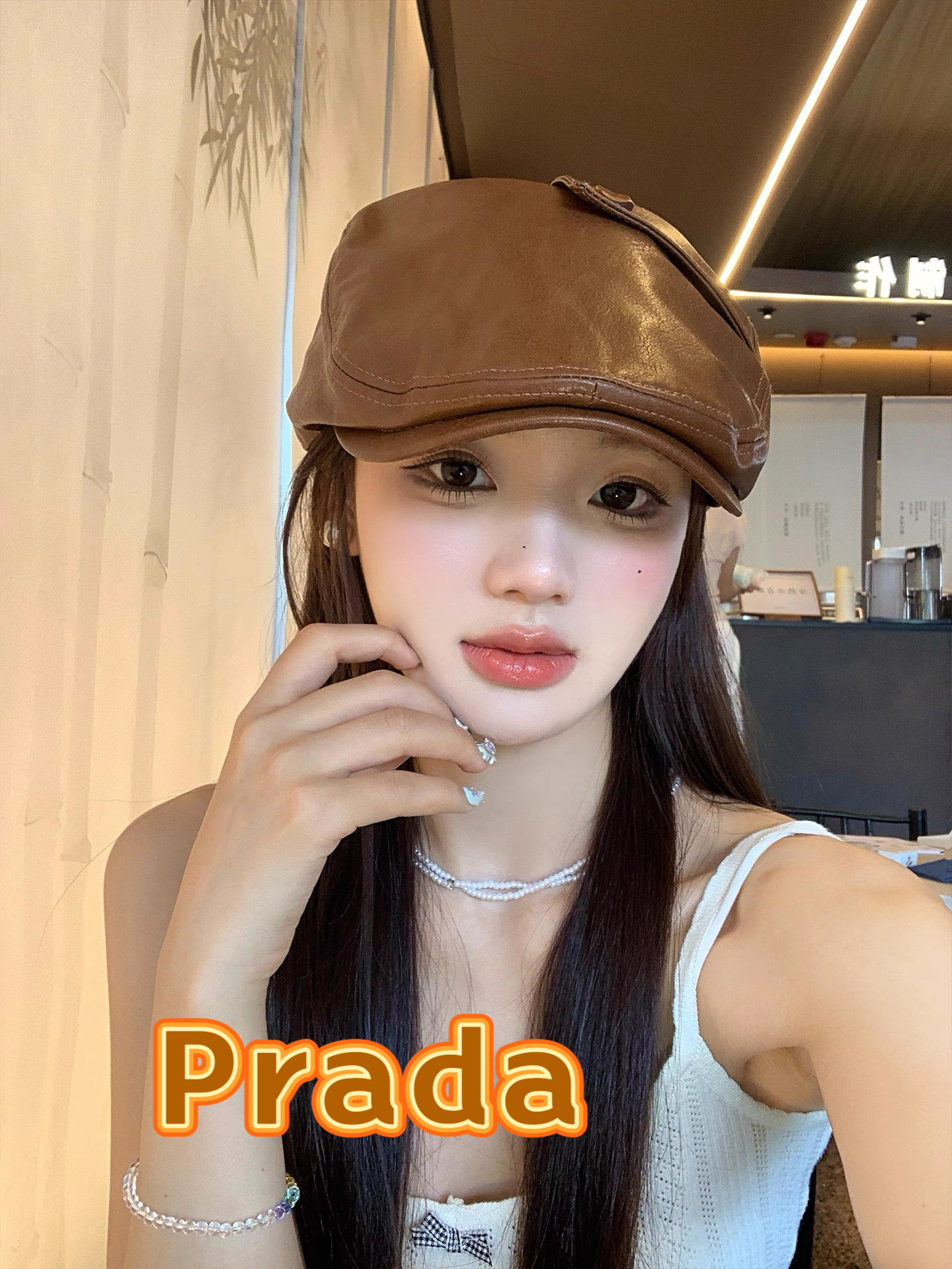  Prada普拉达2025新款秋复古Pu皮前进帽女韩版个性百搭画家帽街头美拉德色系02