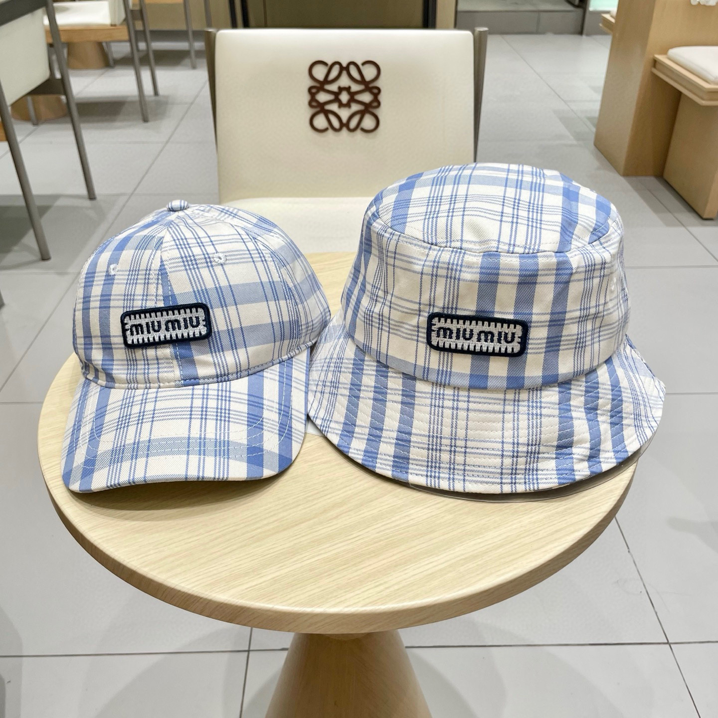 棒球帽 渔夫帽 缪缪miumiu小清新蓝色格子格纹渔夫帽春夏季韩版百搭显脸小遮阳新款棒球帽子