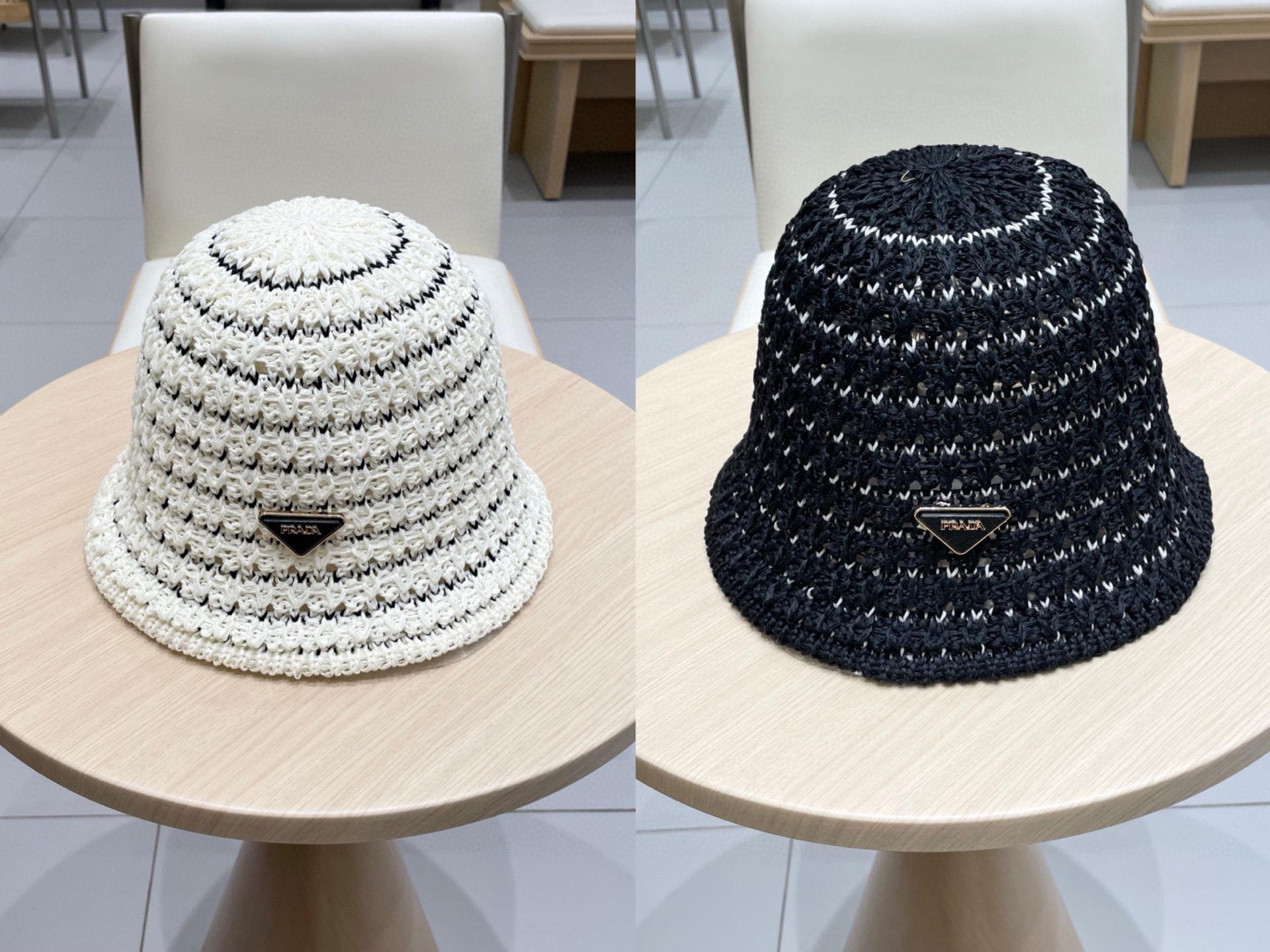 普拉达Prada针织镂空渔夫帽女夏2025 新款透气防晒遮阳帽水桶盆帽太阳帽子