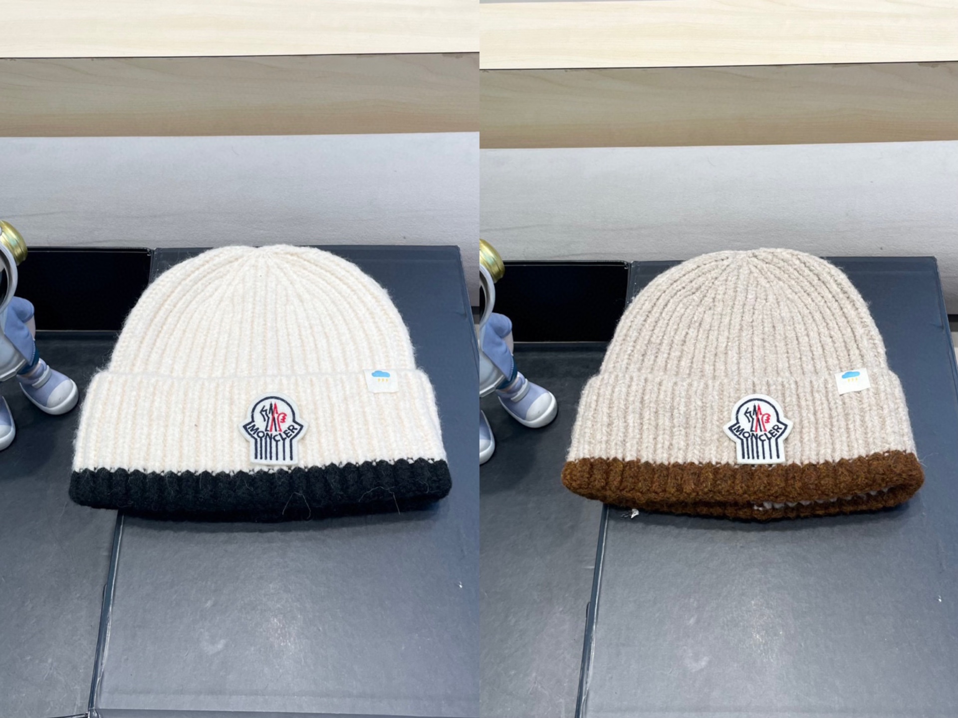   蒙口米色毛线帽黑白条纹女秋冬拼色针织保暖大头围包头帽