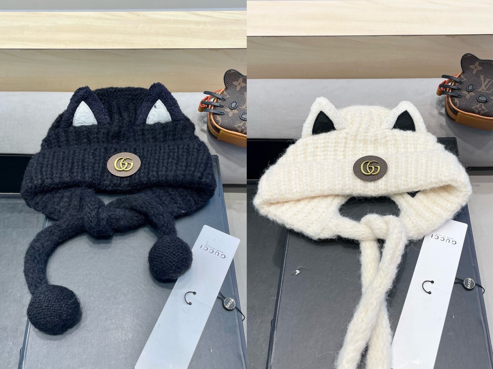  GUCCI古奇猫耳朵针织帽秋冬季保暖毛线帽韩版可爱长辫子休闲护耳帽 GUCCI古奇猫耳朵针织帽秋冬季保