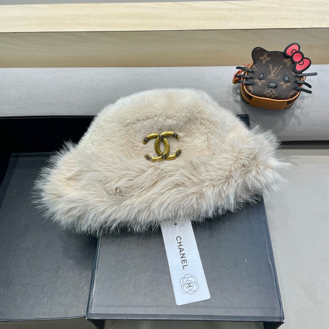 Chanel香奈儿毛绒绒渔夫帽子女秋冬盆帽毛绒仿皮草加绒加厚保暖百搭显脸小