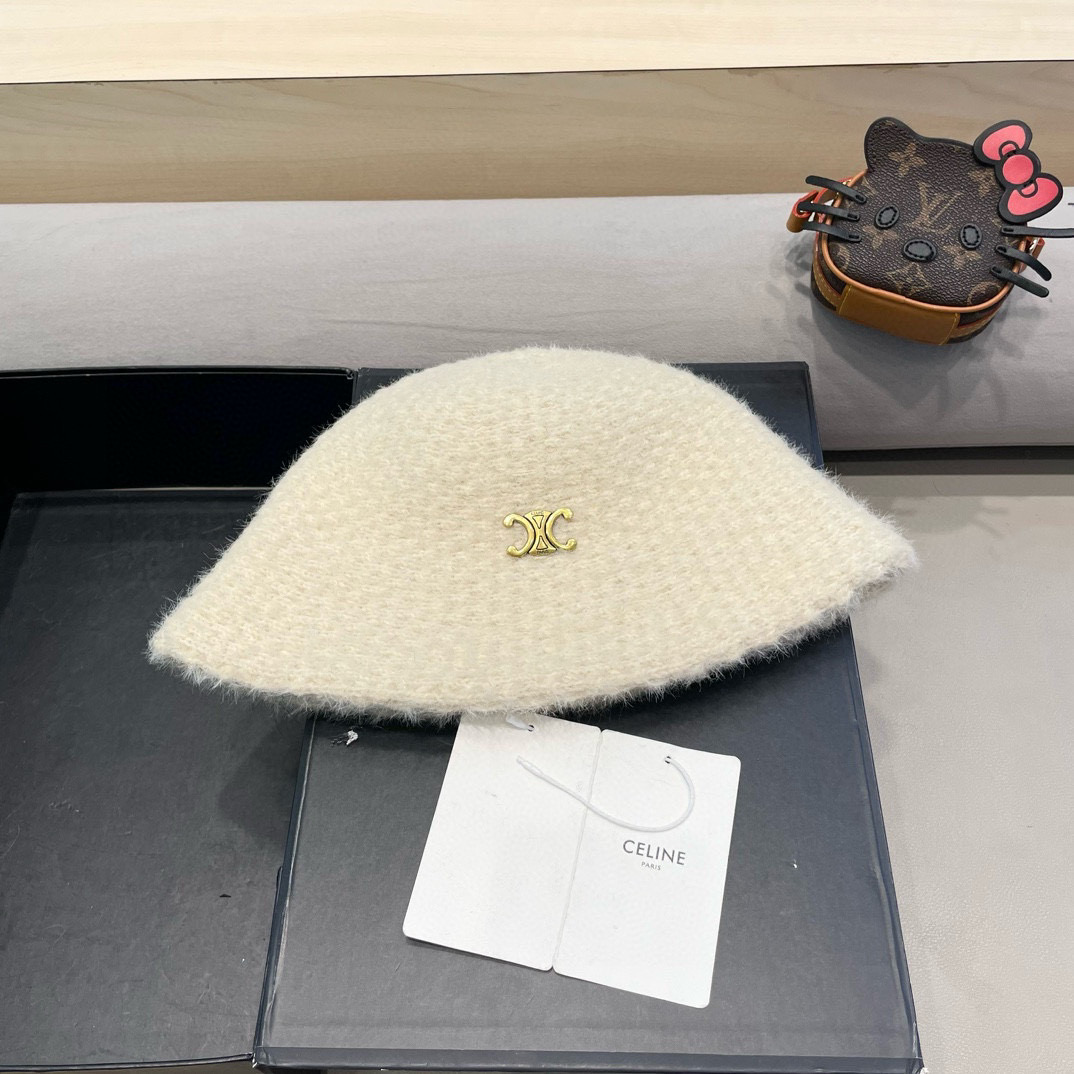  celine塞琳渔夫帽女秋冬季新款加厚毛绒针织大头围盆帽显脸小保暖冷帽子
