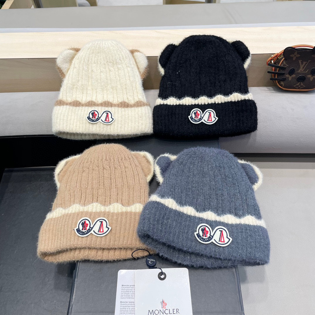  【MONCLER蒙口大东猫耳朵毛绒帽子女新款秋冬可爱百搭针织帽护耳保暖毛线帽