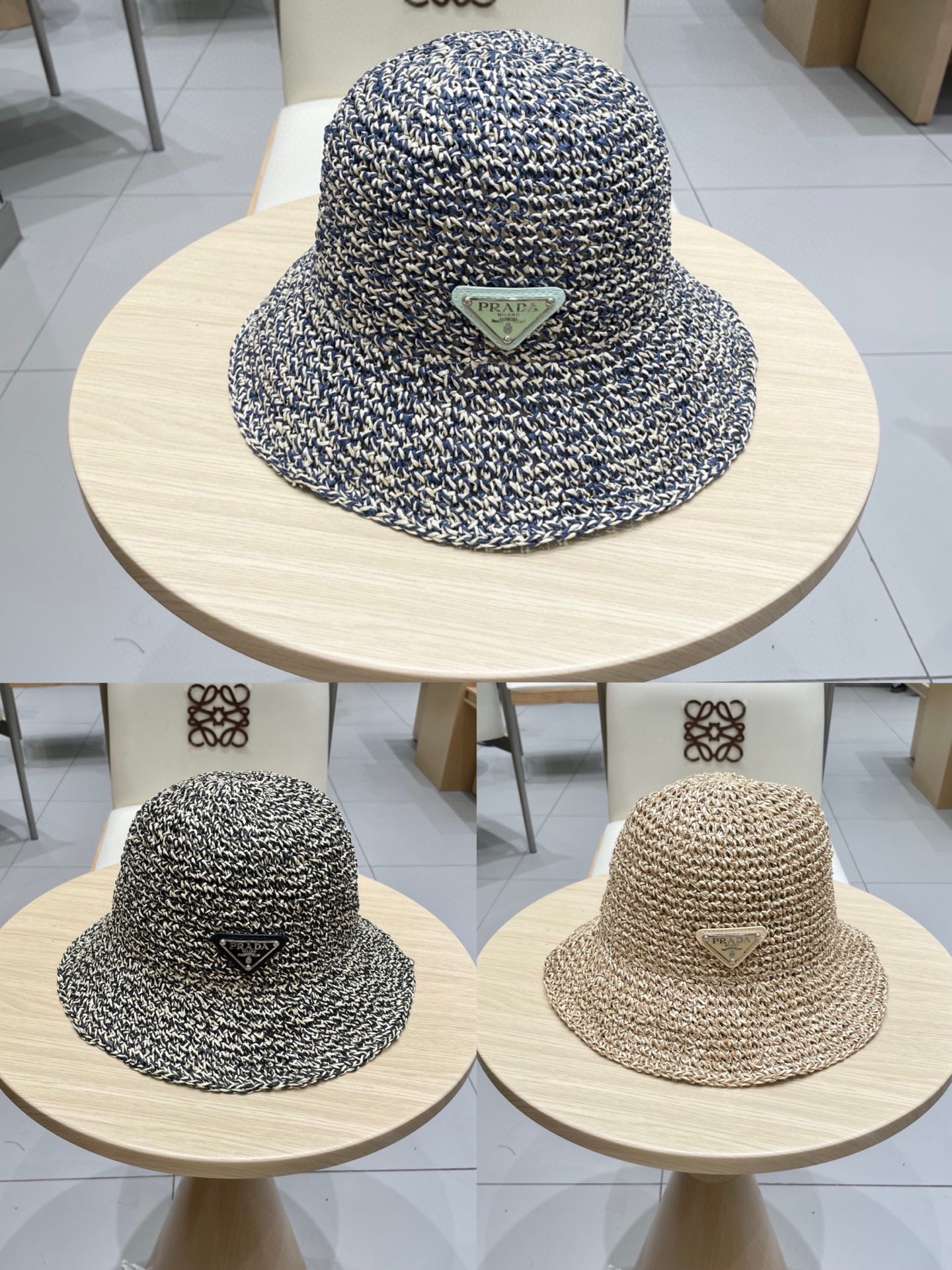  Prada普拉达法式复古混色可折叠草帽女夏季海边沙滩H帽草编渔夫帽大檐遮阳帽