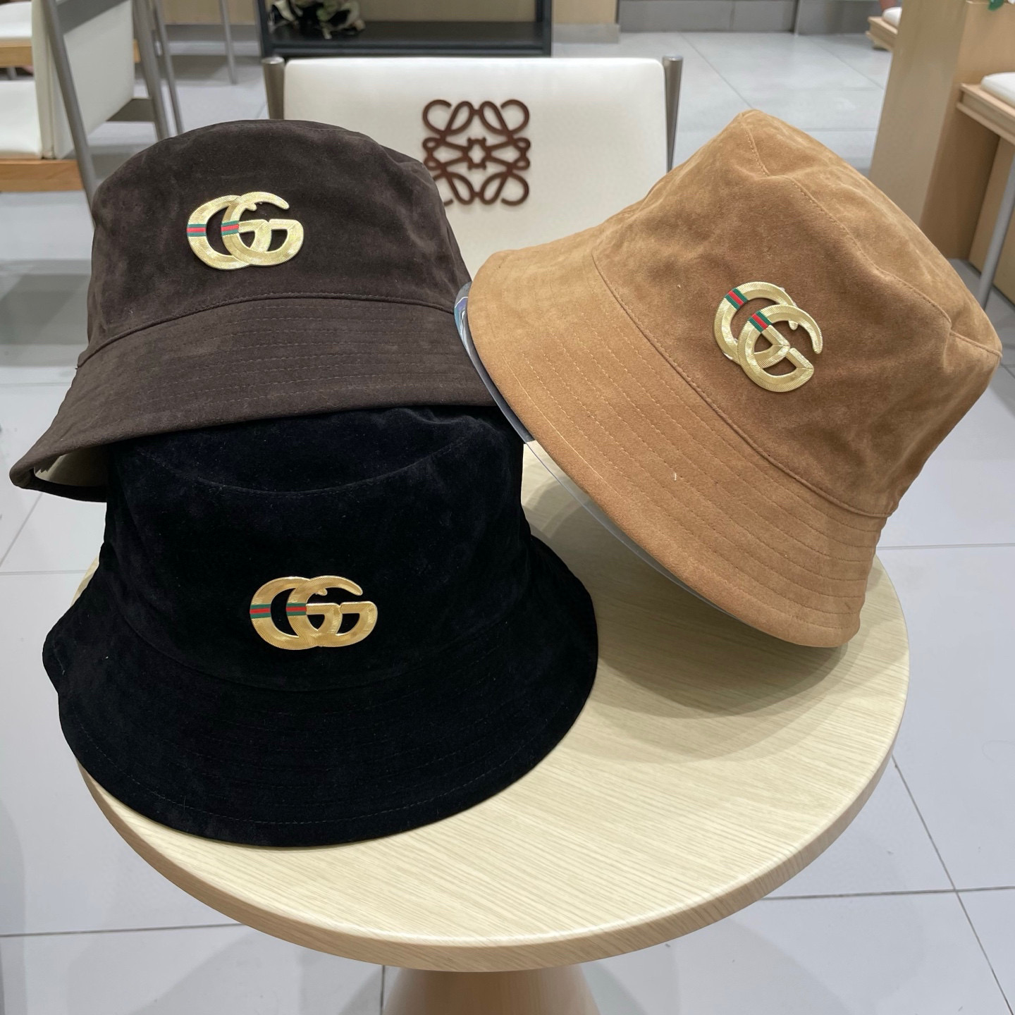  gucci古奇麂皮绒咖色渔夫帽女2025秋冬季百搭帽子大头围宽檐显脸小盆帽