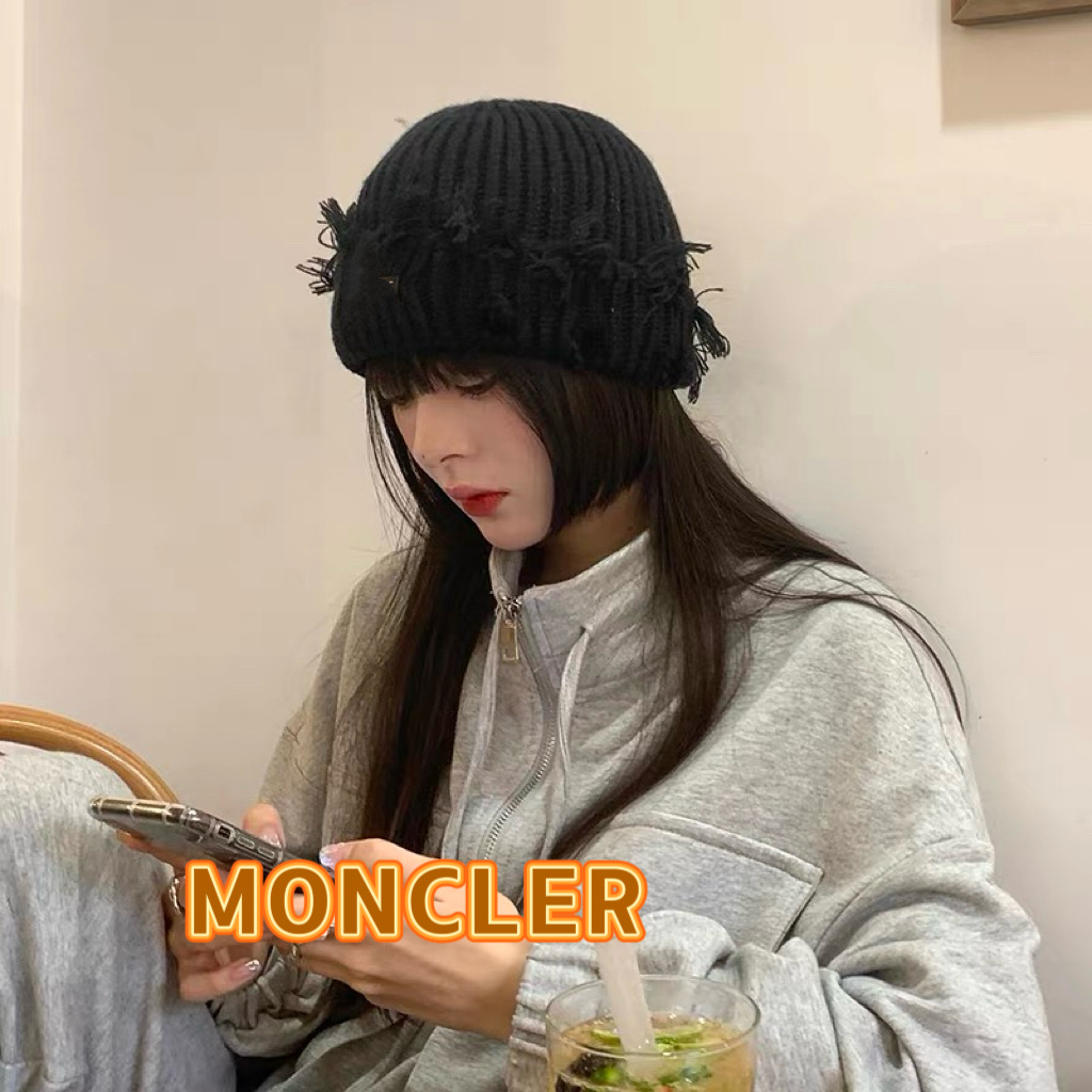  MONCLER蒙口个性破洞复古针织帽男女时尚百搭秋冬保暖毛线瓜皮冷帽潮