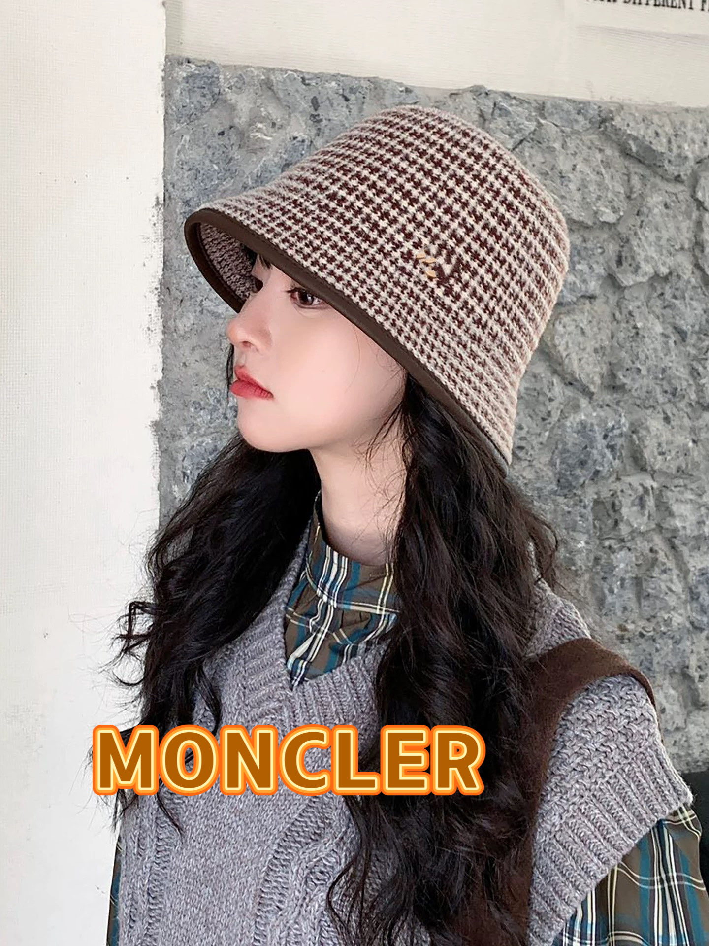  MONCLER蒙口新款秋冬季千鸟格针织水桶帽子女百搭时髦复古气质保暖渔夫帽潮