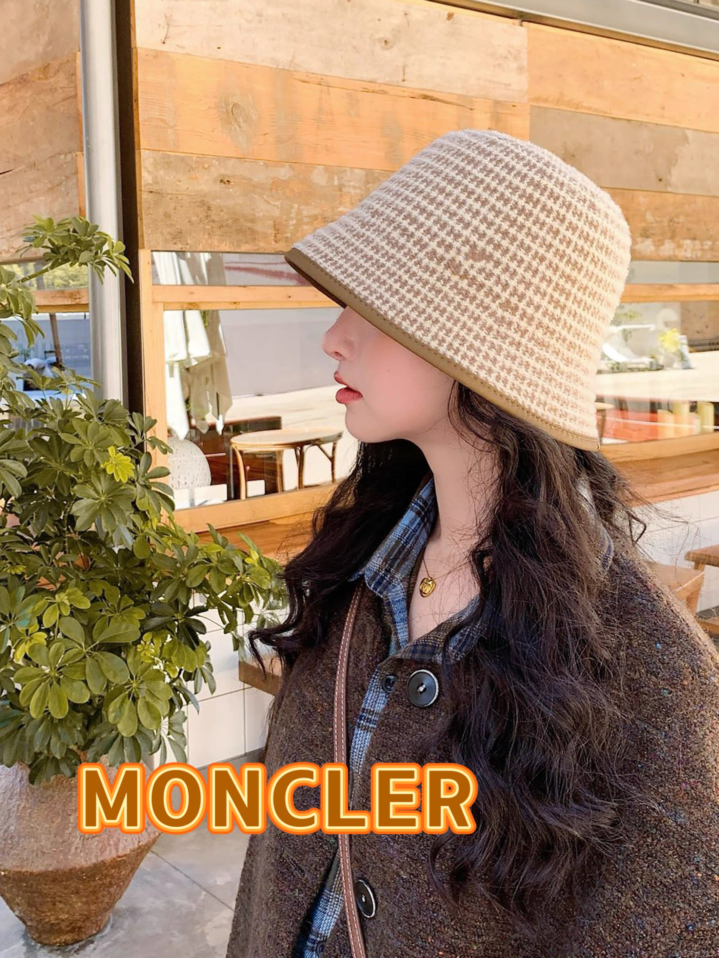  MONCLER蒙口新款秋冬季千鸟格针织水桶帽子女百搭时髦复古气质保暖渔夫帽潮