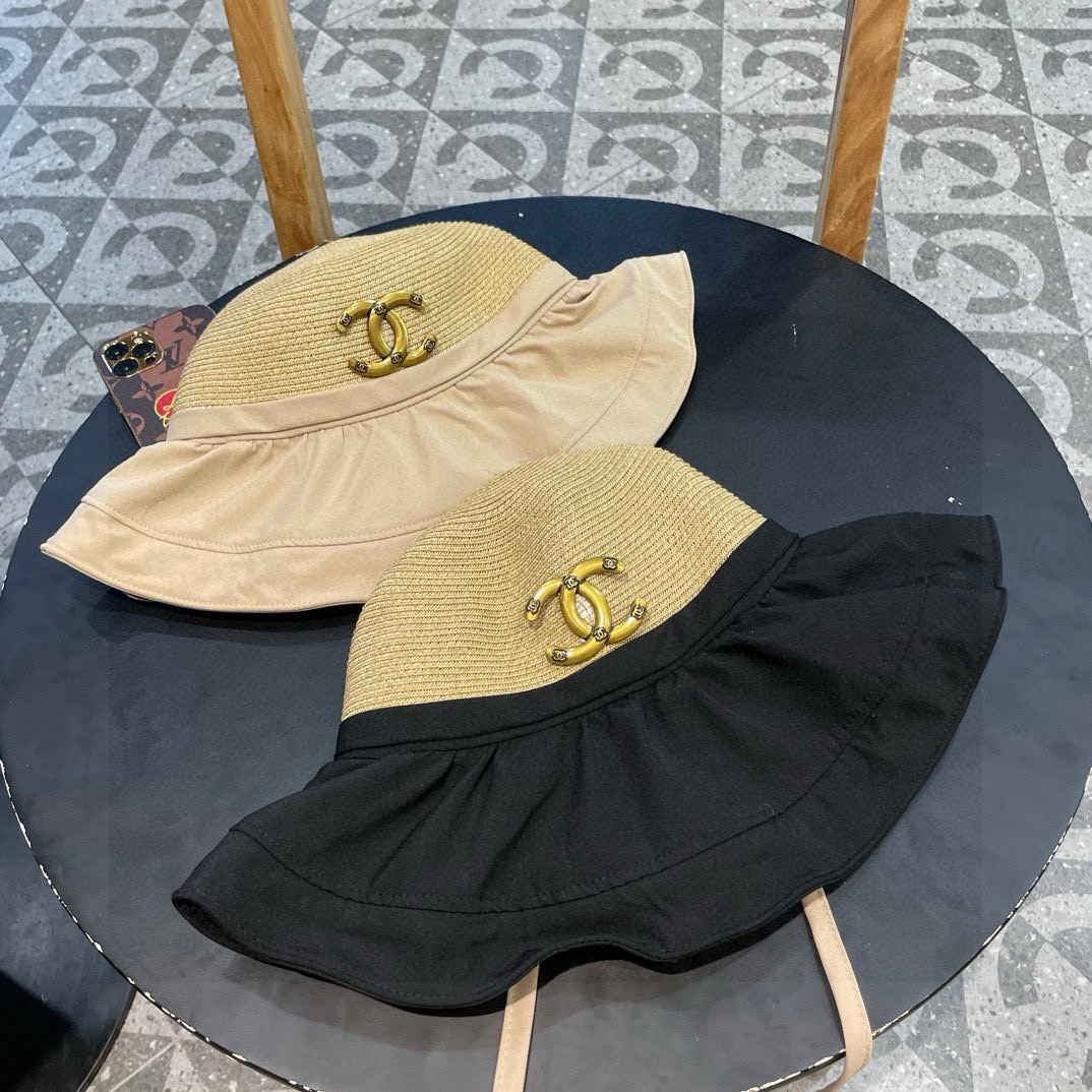  Chanel香奈儿拼接草帽，波浪边遮阳帽，头围57cm