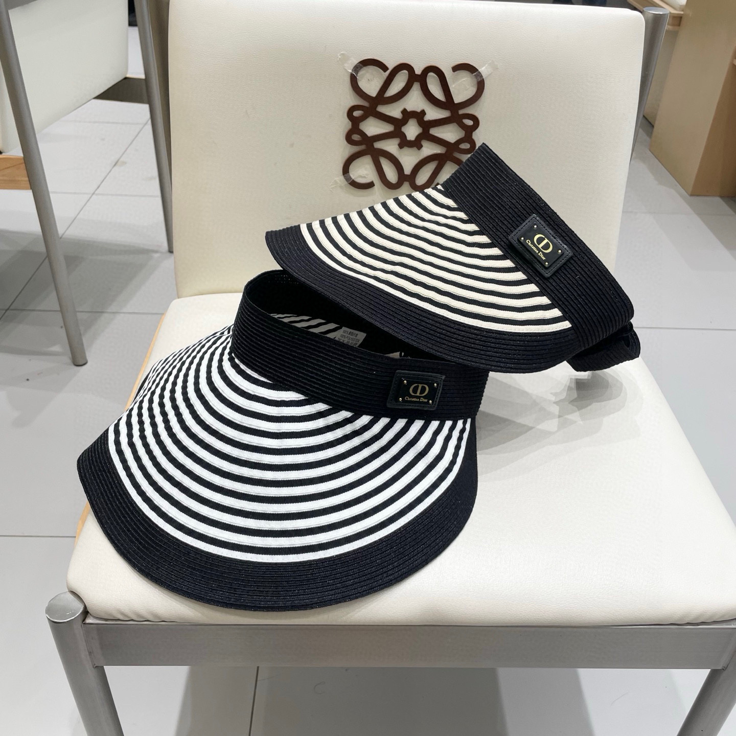  dior迪奥长帽檐条纹透气草编空顶帽 可折叠帽子