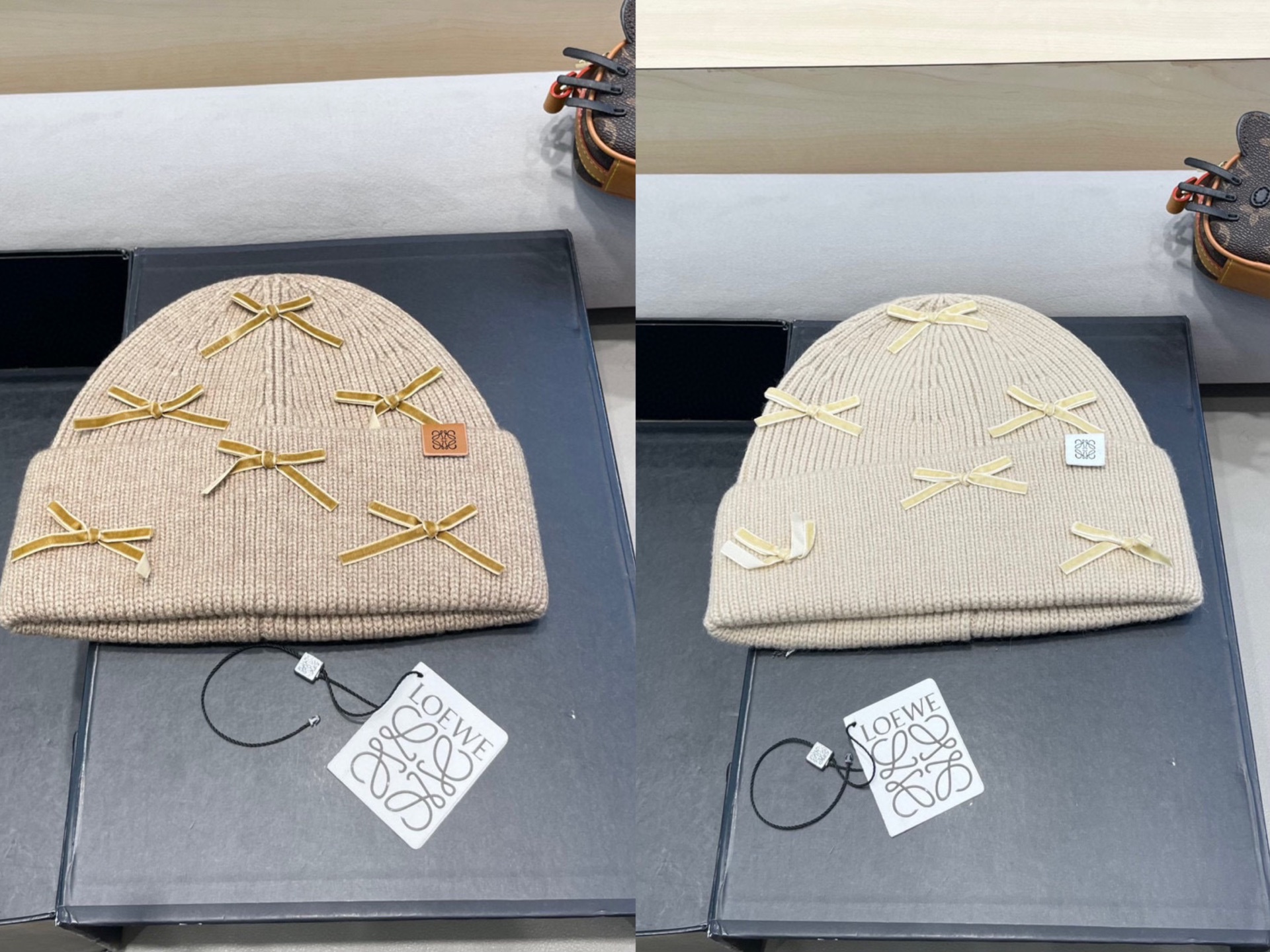  罗意威loewe太甜了！蝴蝶结针织兔毛毛线帽子女秋冬ins甜美加厚保暖冷帽手套