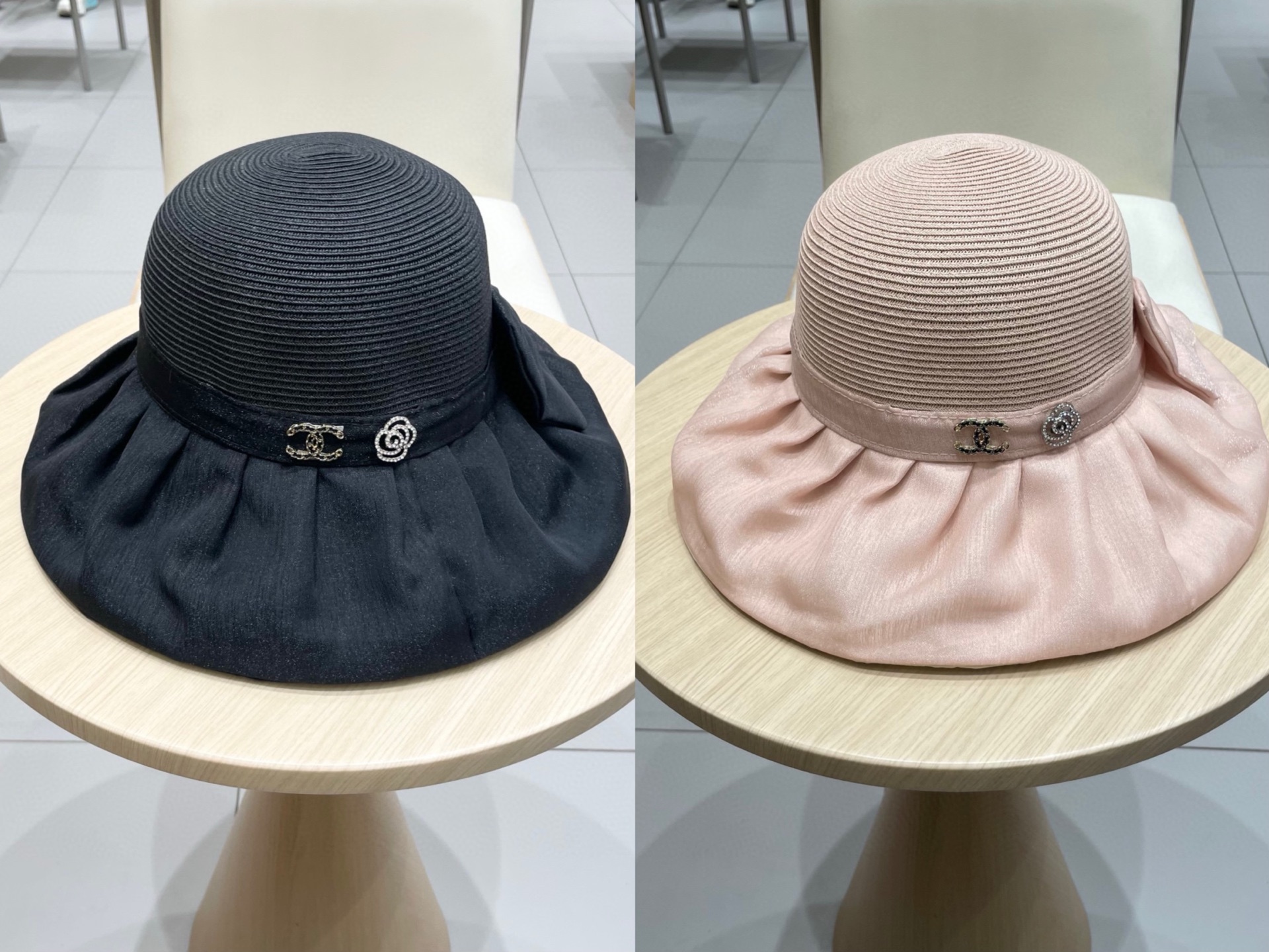    Chanel春夏新款出游百搭优雅蝴蝶结渔夫帽子女拼接防晒遮阳帽可折叠盆帽