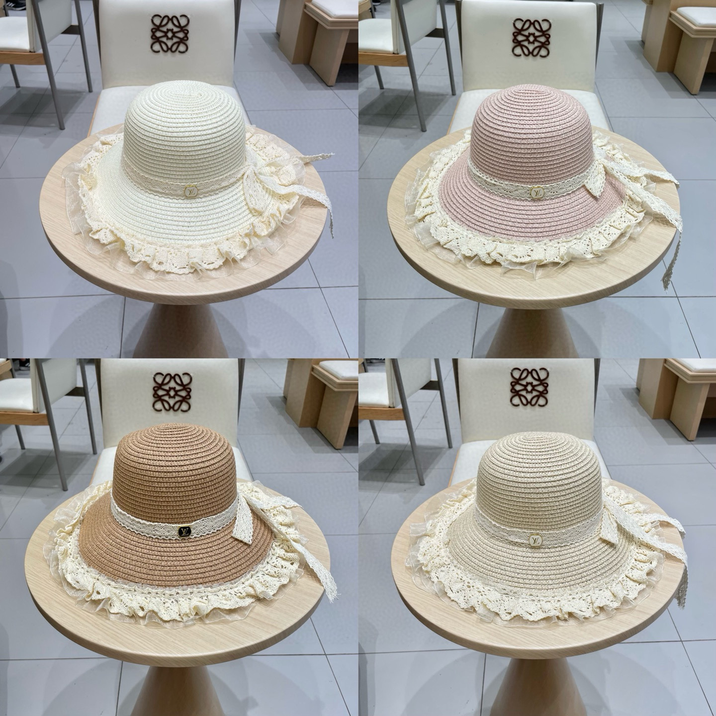 🧢路易威登棒球帽 LouisVuitton😍草帽女蕾丝蝴蝶结遮阳帽户外出游度假太阳帽沙滩防晒帽百搭渔夫帽