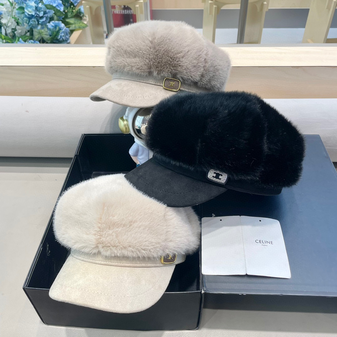 塞琳Celine仿水貂毛绒贝雷帽女冬季显脸小报童画家帽大头围保暖毛绒八角帽子