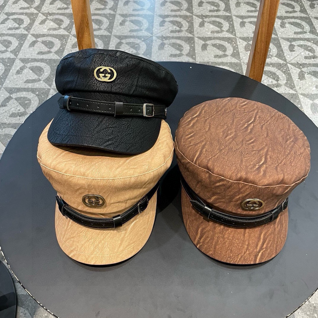 古奇Gucci新款时尚海军帽韩版显脸小平顶帽秋冬百搭皮檐复古英伦报童帽