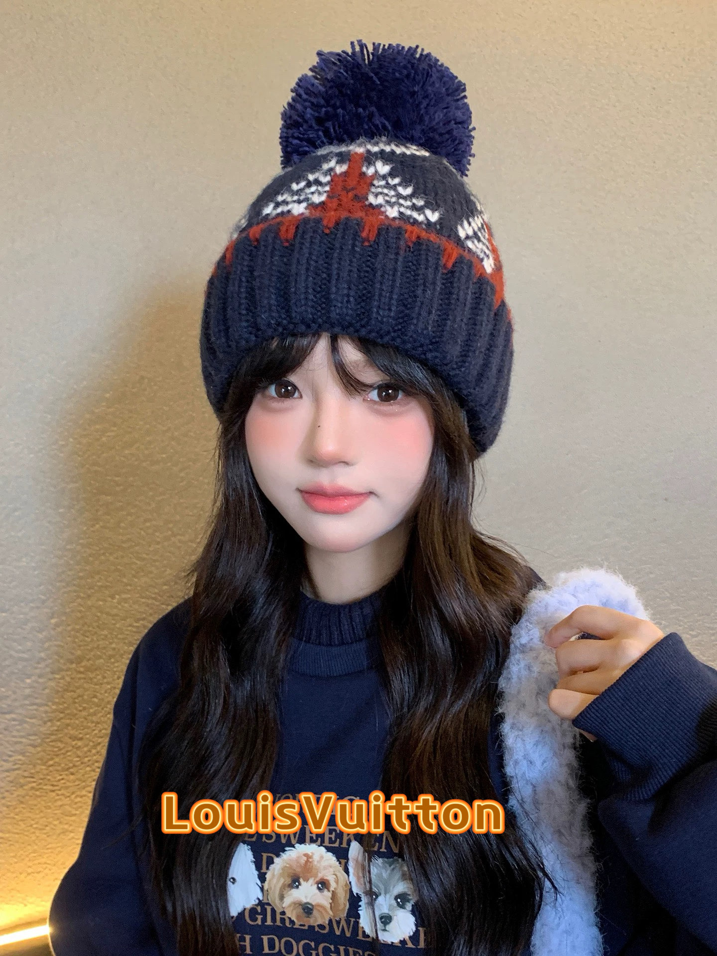 Lv路易威登复古提花毛球针织帽子女2025新款秋冬季保暖护耳显脸小防寒毛线帽