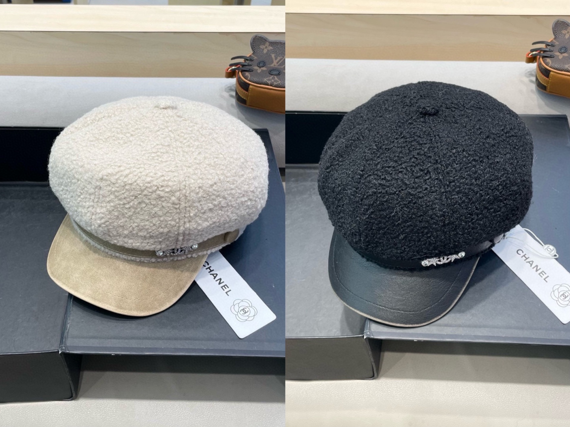 Chanel香奈儿羊羔绒八角帽女秋冬季毛加厚保暖鸭舌帽英伦复古潮流贝雷帽 ht