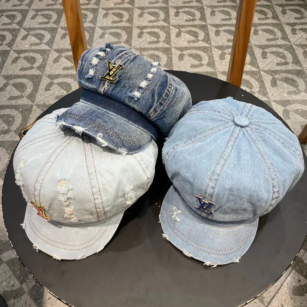 LouiVuittonLV路易威登复古水洗做旧八角牛仔布贝雷帽子女春夏季破洞大头围显脸小贝雷帽