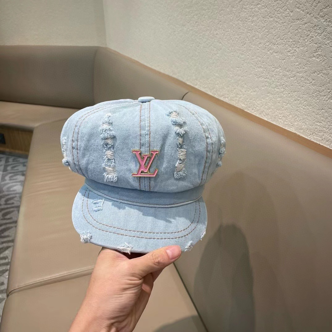 LouiVuittonLV路易威登复古水洗做旧八角牛仔布贝雷帽子女春夏季破洞大头围显脸小贝雷帽
