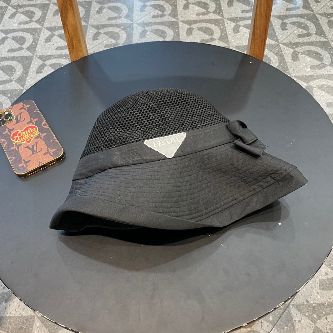 PRADA普拉达 新款韩版针织布沿蝴蝶结渔夫帽2024遮阳防晒盆帽女时尚休闲帽子潮