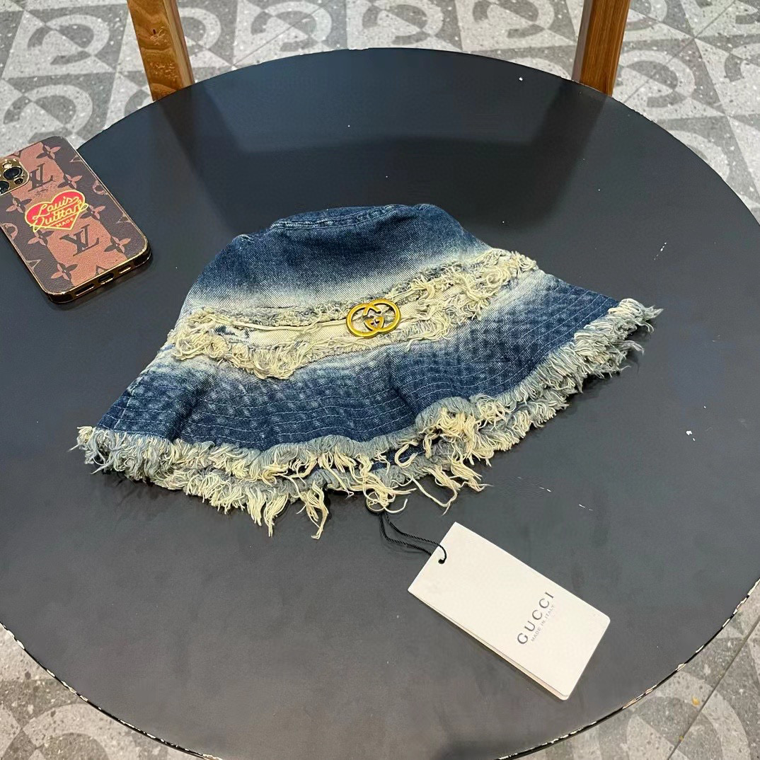 古奇Gucci渔夫帽春夏季百搭时尚牛仔水洗毛边帽子女日系防晒遮阳盆帽现货