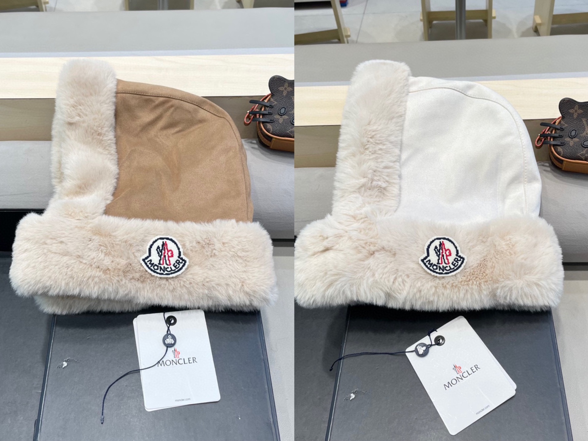 蒙口Moncler毛绒绒可爱雷锋帽女2024新款冬季加厚保暖麂皮绒护耳护颈套头帽子