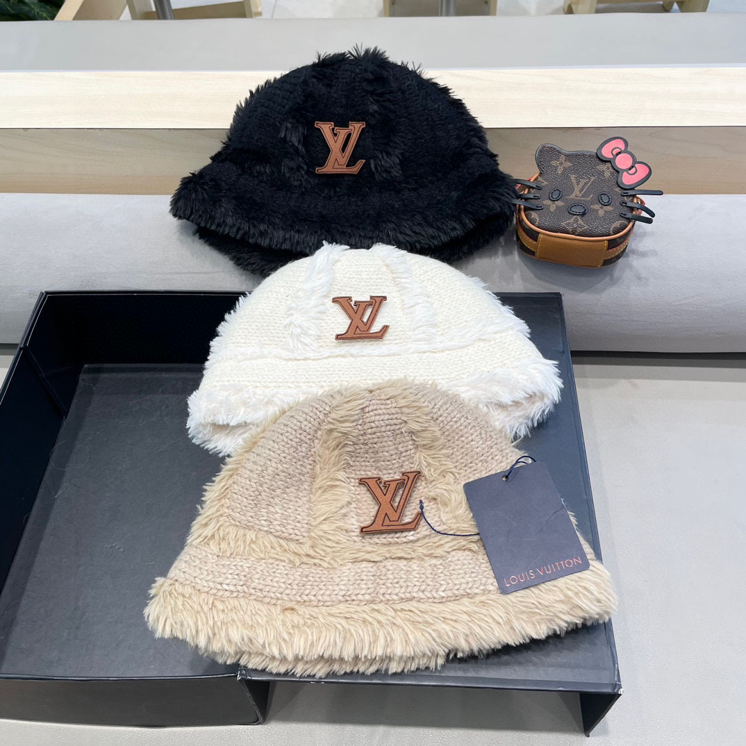 🧢路易威登棒球帽 LouisVuitton😍毛绒帽子女秋冬季2024新款针织帽大头围显脸小加厚保暖护耳渔