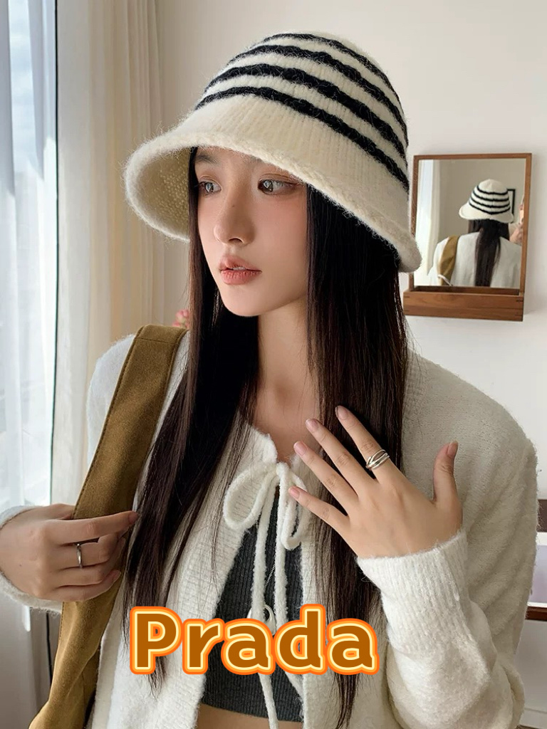 Prada普拉达2025新款条纹针织渔夫帽女秋冬季日系复古百搭显脸小毛线帽大头围水桶帽子