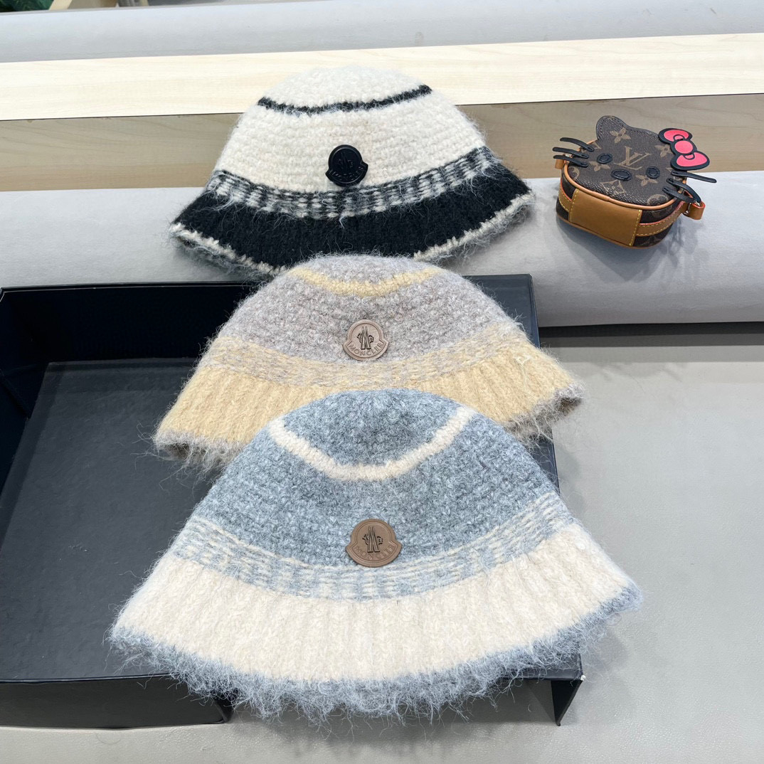 蒙口Moncler冬季渔夫帽 氛围感针织羊毛渔夫帽条纹撞色小众设计韩系百搭2024