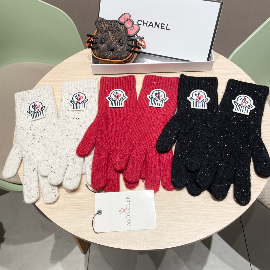moncler2025新款韩版百搭雾蓝色针织手套女秋冬季保暖分指触屏加长手套潮