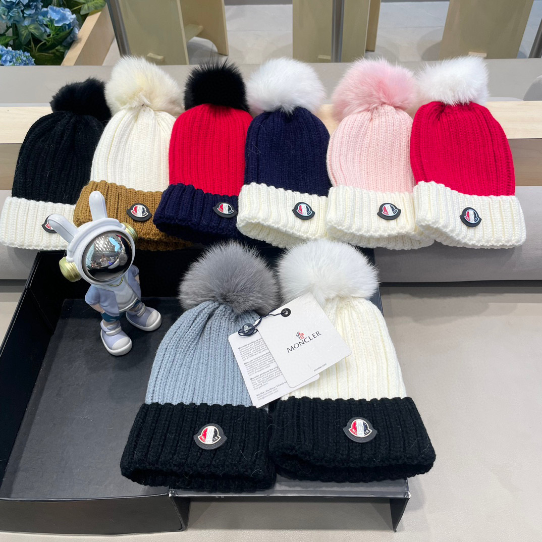 moncler韩版ins秋冬季真狐狸毛球毛线帽子女百搭时尚亲子针织帽潮