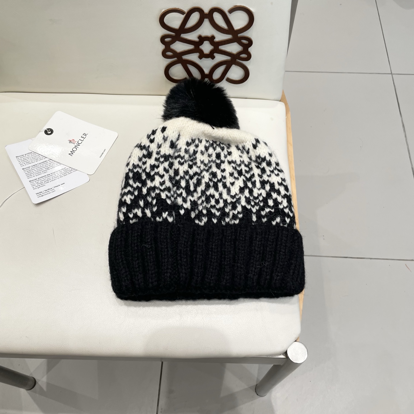 蒙口Moncler盟可睐2025新款提花毛线帽子女秋冬季护耳保暖可爱毛球针织帽大头围冷帽