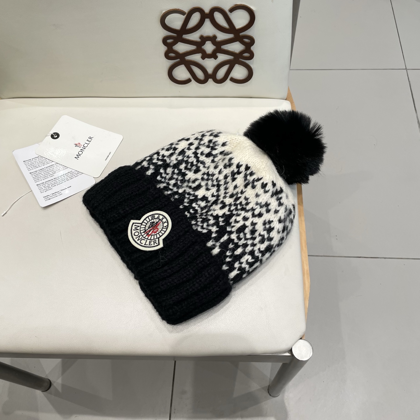蒙口Moncler盟可睐2025新款提花毛线帽子女秋冬季护耳保暖可爱毛球针织帽大头围冷帽