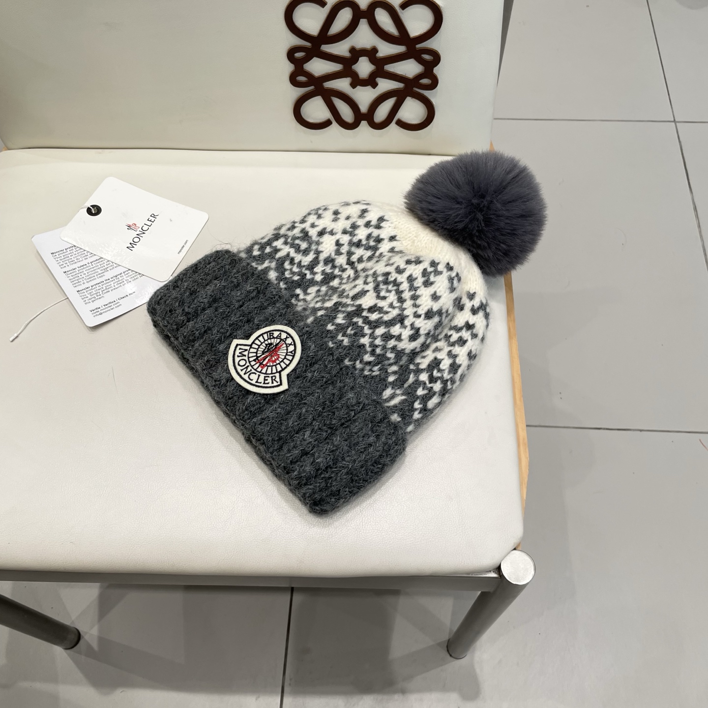 蒙口Moncler盟可睐2025新款提花毛线帽子女秋冬季护耳保暖可爱毛球针织帽大头围冷帽