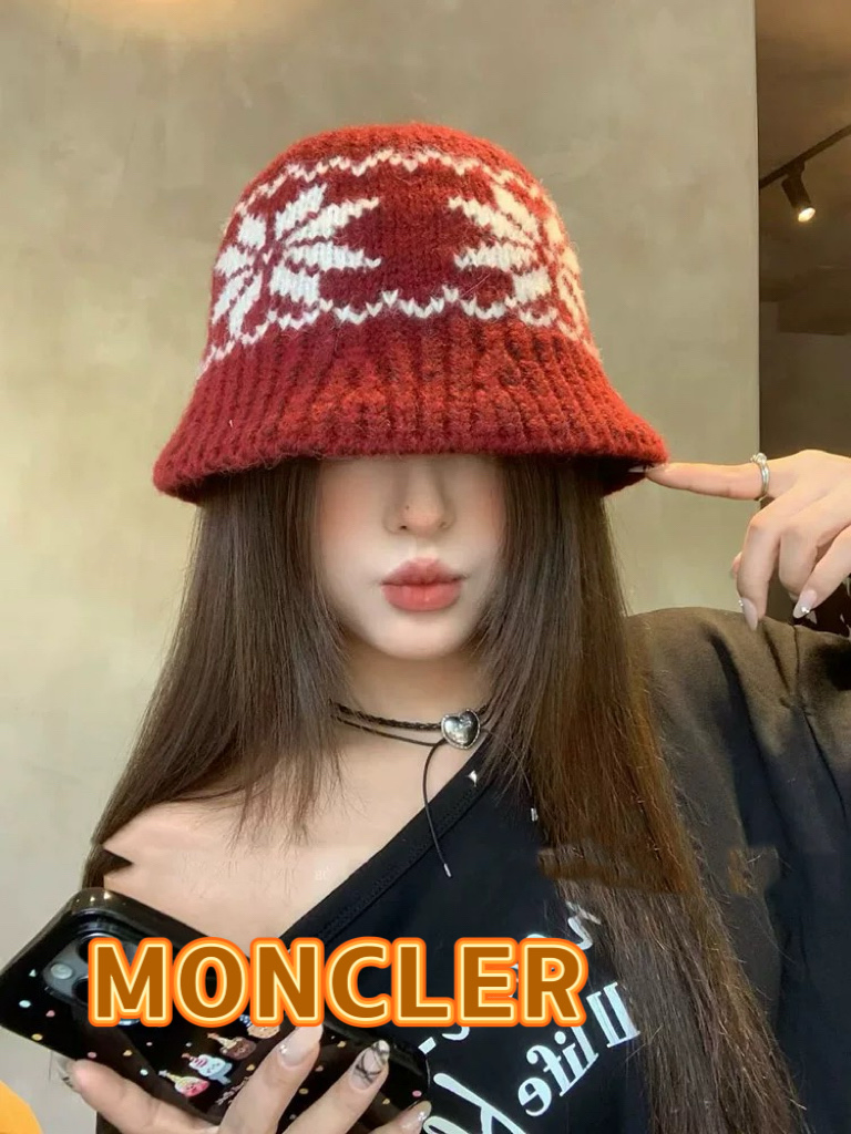 蒙口Moncler盟可睐新款菱形针织水桶帽子女秋冬羊毛混纺渔夫帽保暖护耳毛线帽女