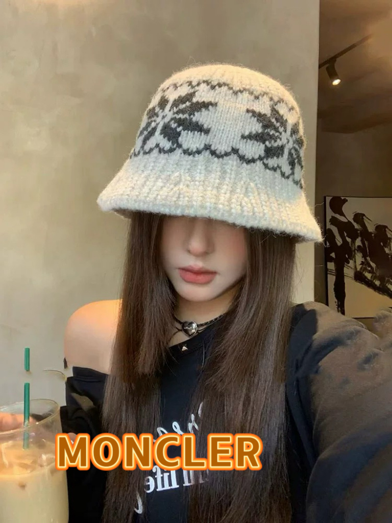 蒙口Moncler盟可睐新款菱形针织水桶帽子女秋冬羊毛混纺渔夫帽保暖护耳毛线帽女