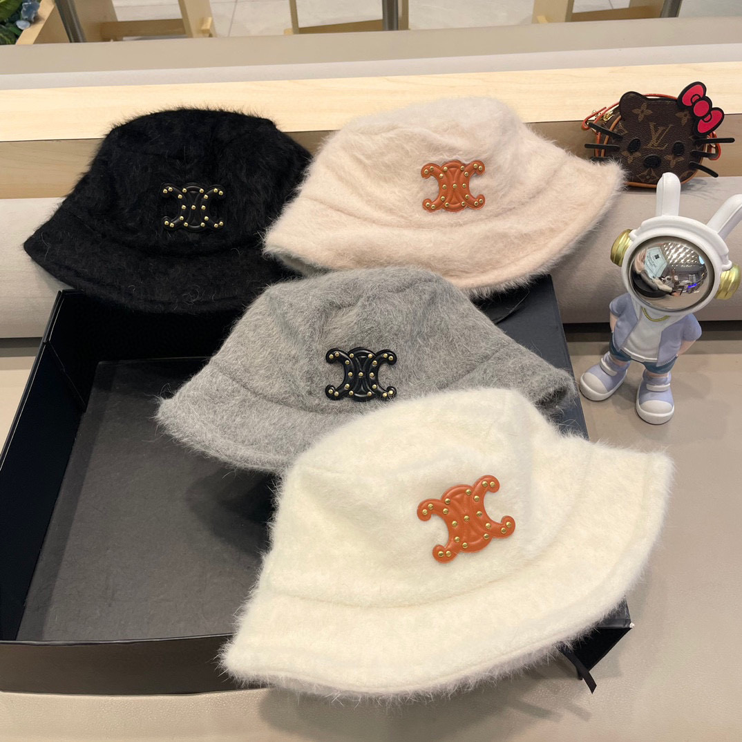 塞琳Celine兔毛渔夫帽女冬季2024新款百搭大头围素颜保暖防寒盆帽毛绒水桶帽