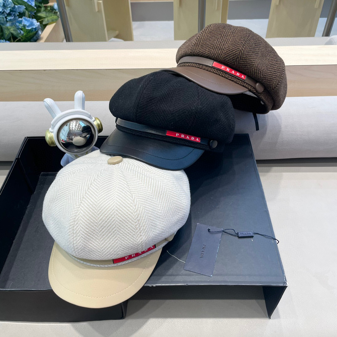 普拉达Prada秋冬新款韩版英伦格子毛呢皮檐八角帽女时尚百搭休闲复古画家帽潮