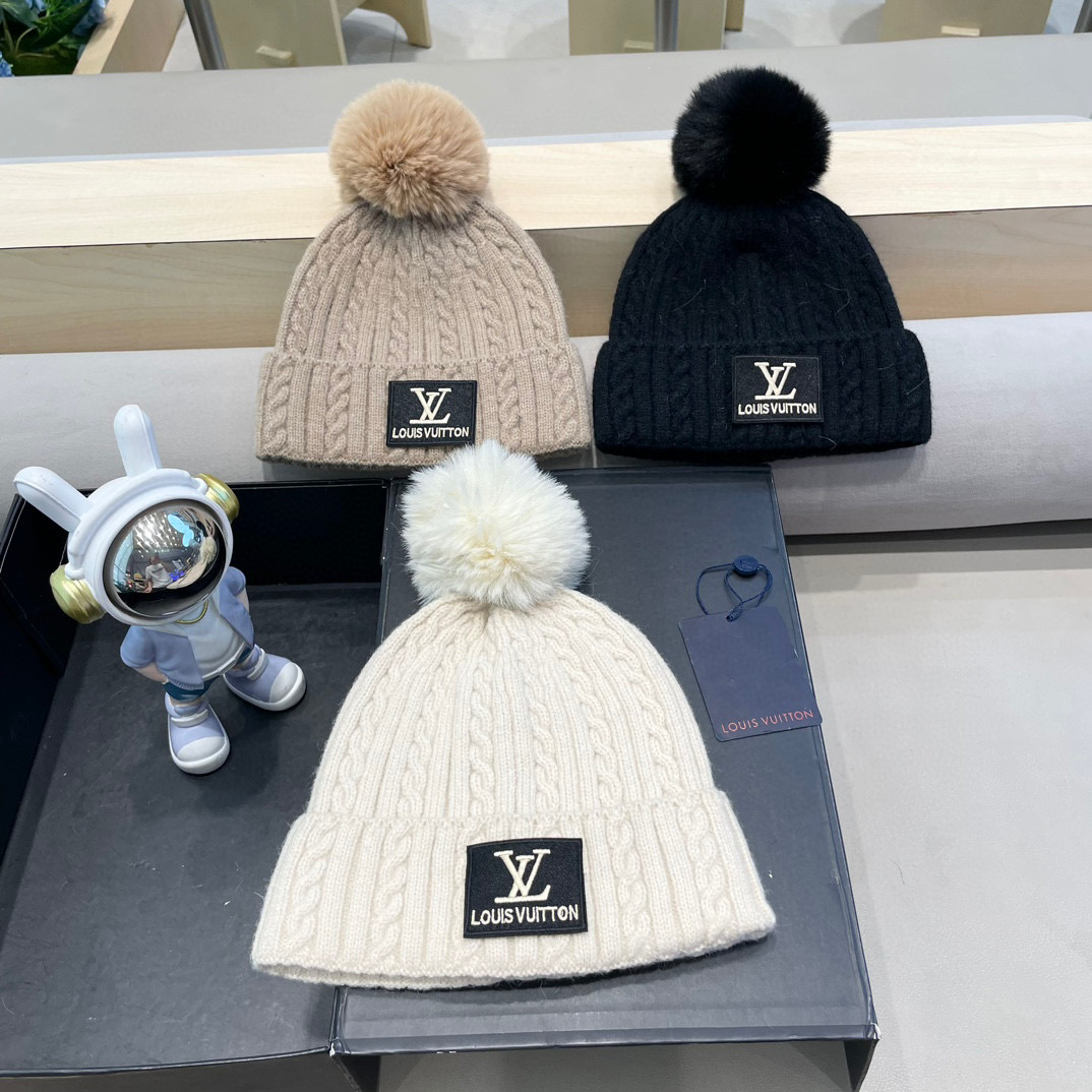 lv路易威登帽子女秋冬毛线帽韩版针织帽女士百搭毛球帽护耳冬季套头潮加厚帽