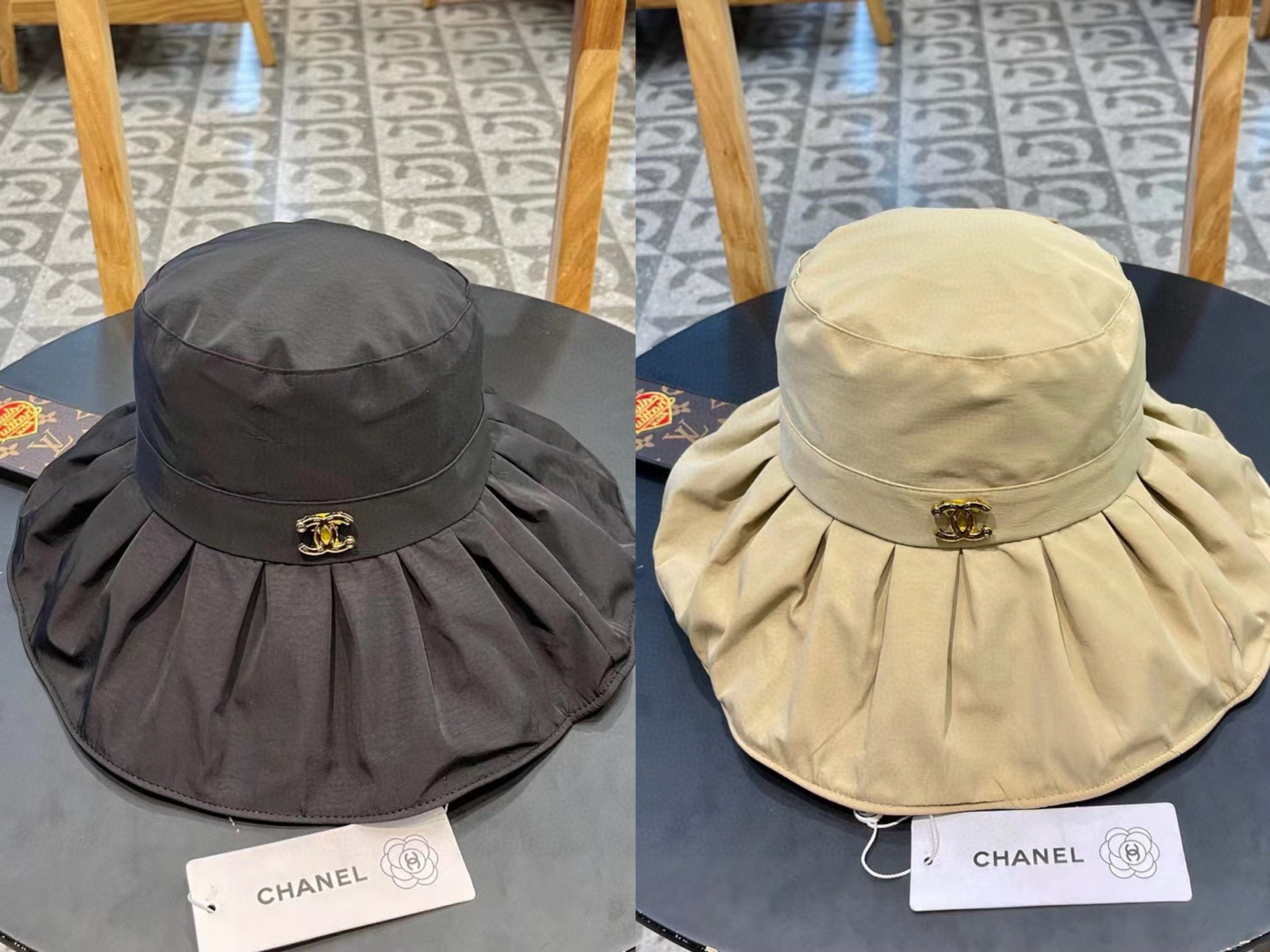 Chanel香奈儿洗水牛仔徽标logo抽绳束带遮阳帽渔夫帽帽子