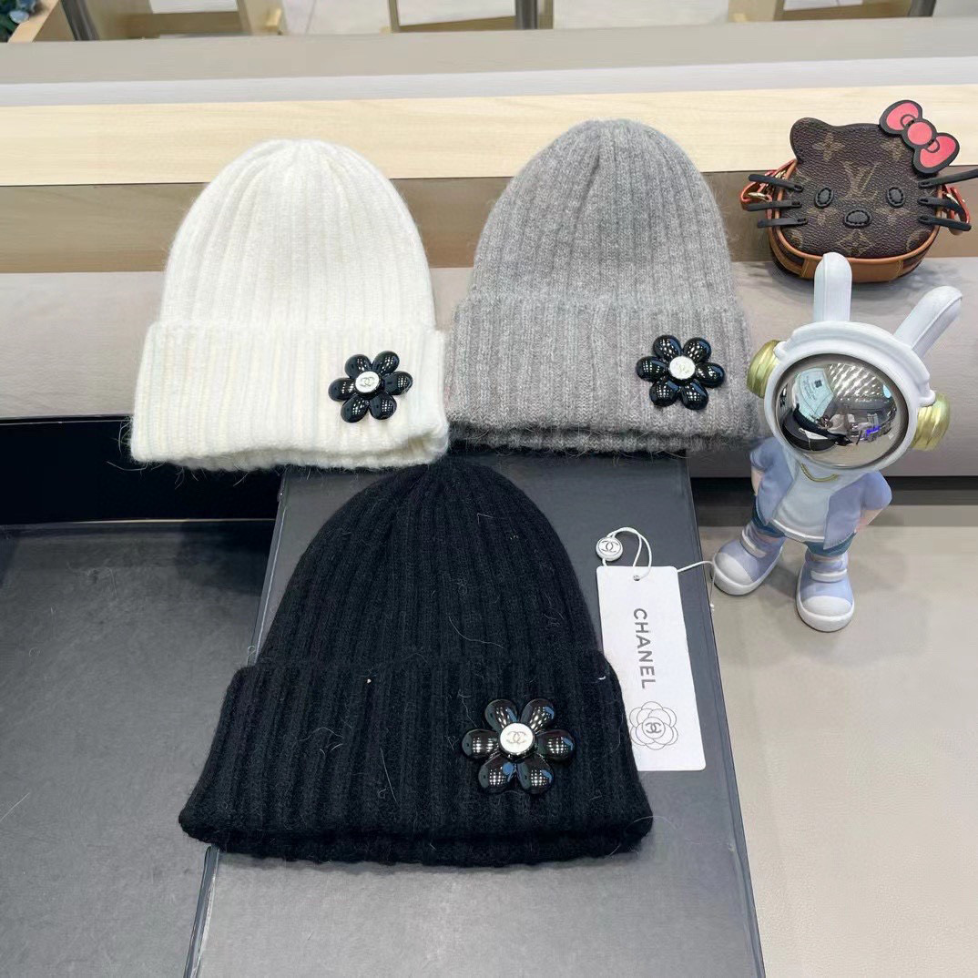 Chanel 韩国东大门代购秋冬ins潮兔毛保暖卷边针织帽休闲字母毛线帽