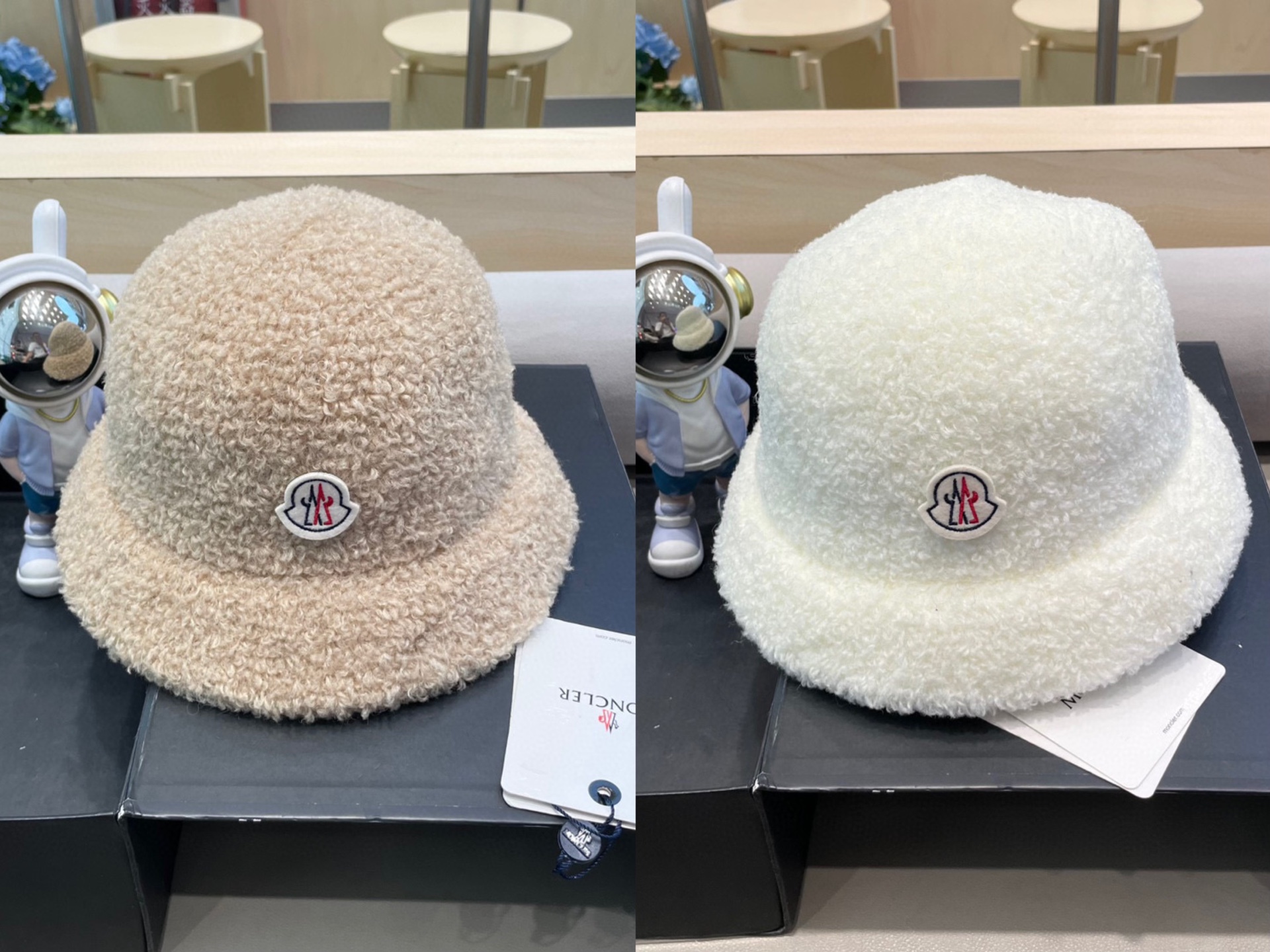 moncler高品质加厚软糯羊羔毛绒渔夫帽子女秋冬百搭保暖水桶帽显脸小盆帽